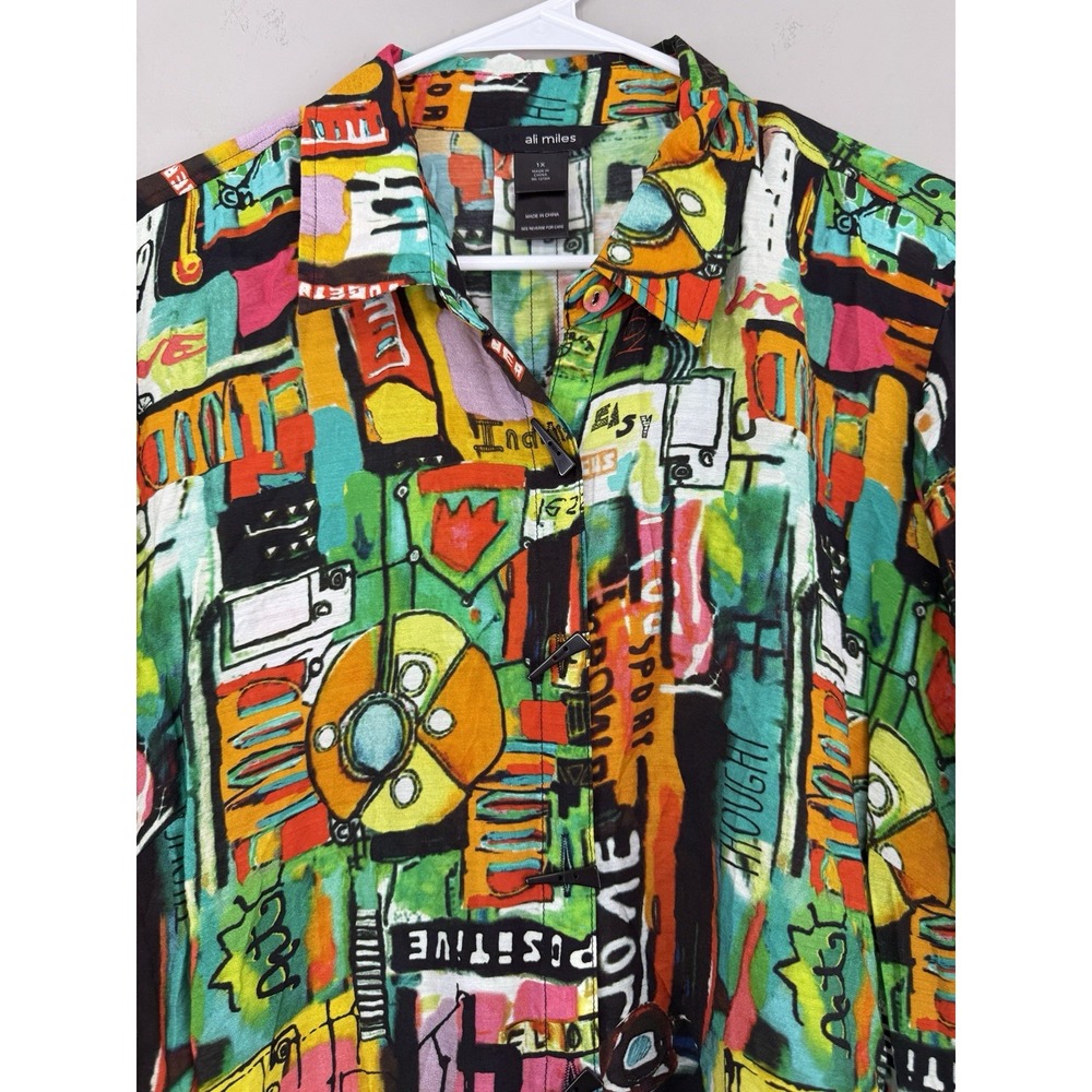 Ali Miles Top Blouse Shirt Women's 1X Abstract Mesh Graphic Print Vibrant